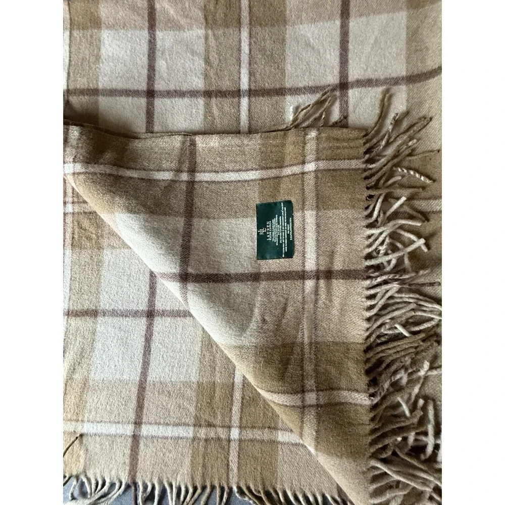 Lauren Ralph Lauren Vintage Wool Blanket Brown Plaid Fringe Camp Cabin 51